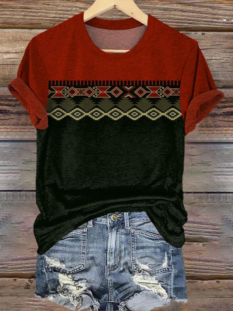 Retro Ethnic Striped Print Casual T-Shirt