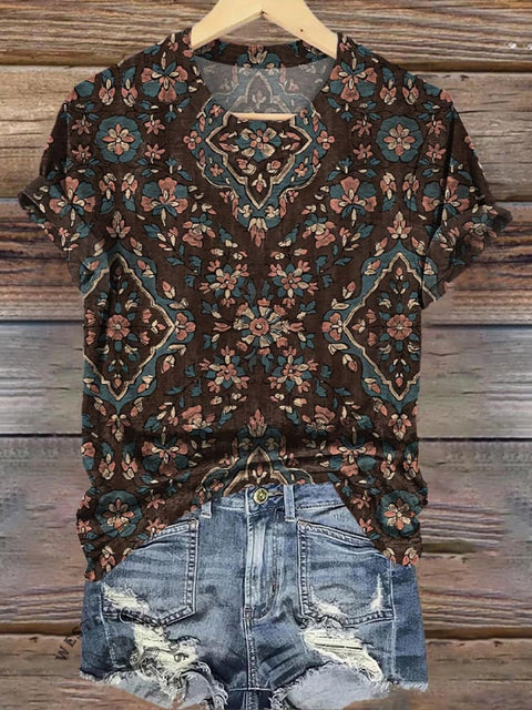 Retro Floral Totem Print Casual T-shirt