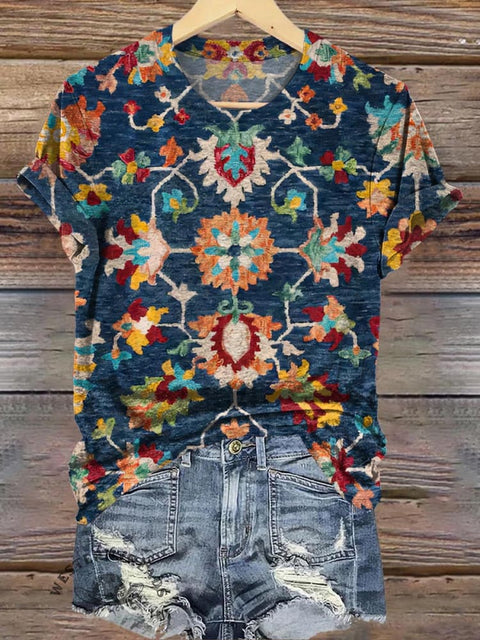 Retro Floral Totem Pattern Print Casual T-shirt