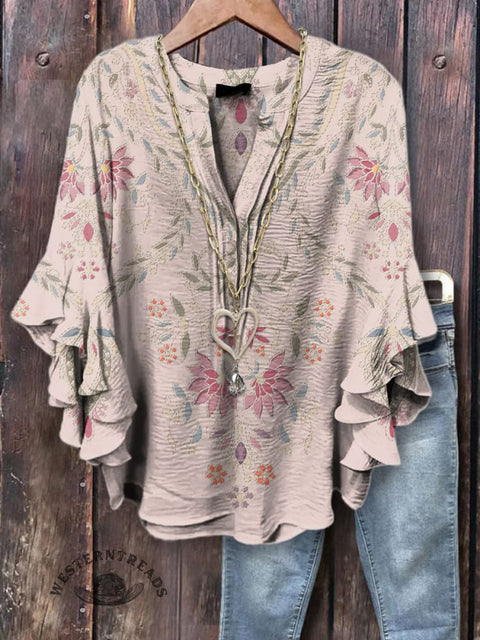 Women's Simple Floral Printed Ruffle Sleeve Top