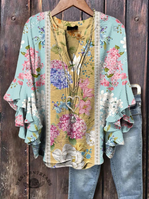 Women's Elegant Floral Print Ruffle Sleeve Top