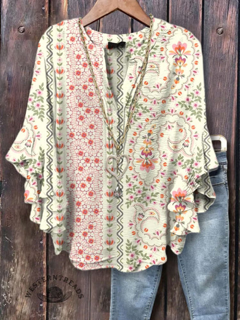 Women's Bohemian Floral Print Ruffle Sleeve Top