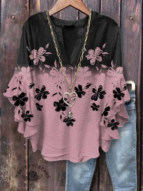 Women's Simple Floral Print Ruffle Sleeve Top