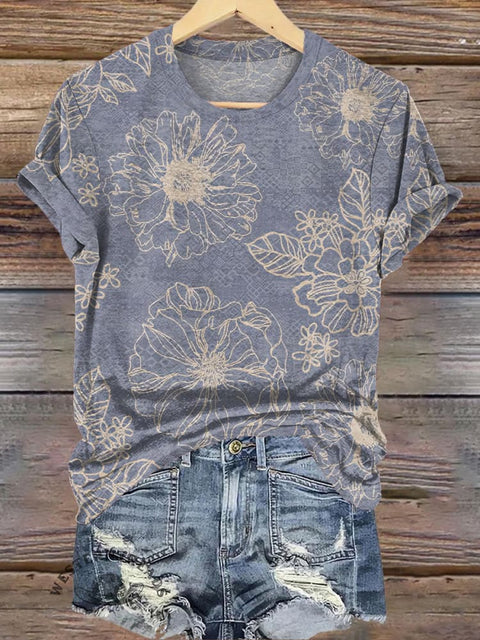 Elegant Floral Simple Print Casual T-Shirt