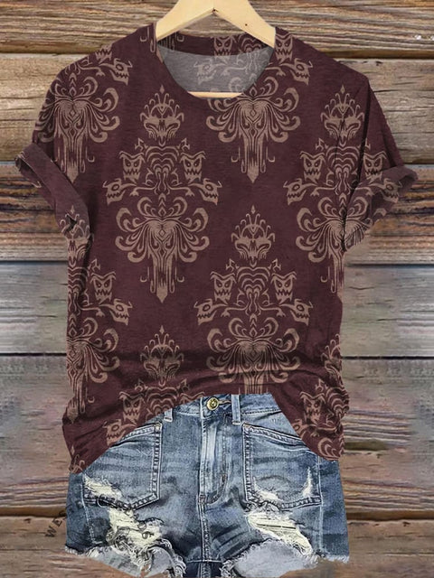 Burgundy Elegant Pattern Print Casual T-Shirt