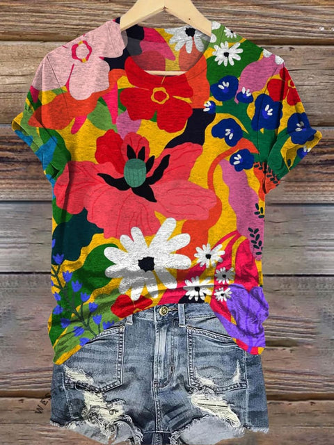 Bright Flower Art Print Casual T-Shirt