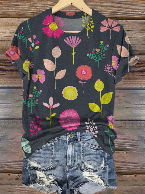 Simple Flower Branch Printed Casual T-Shirt