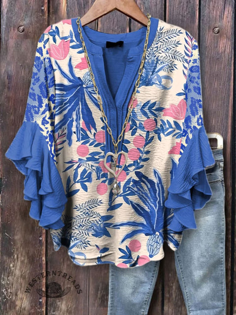 Women's Fashion Botanical Print Ruffle Sleeve Top