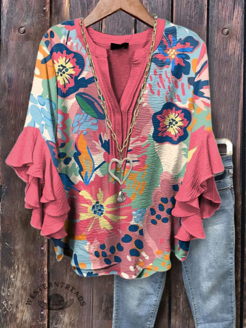 Women's Bright Floral Print Ruffle Sleeve Top