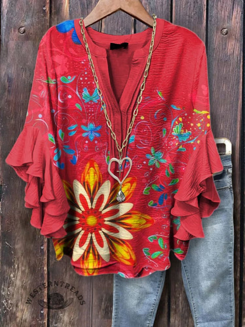 Women's Classic Floral Print Ruffle Sleeve Top