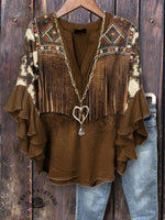 Women's Denim Textured Print Ruffle Sleeve Top