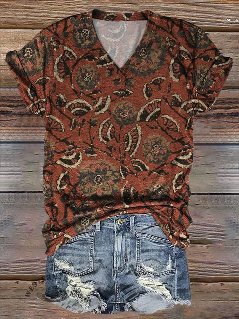 Retro Flower Totem Print Casual V-Neck T-Shirt