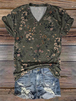 Floral Art Vintage Print Casual V-Neck T-Shirt