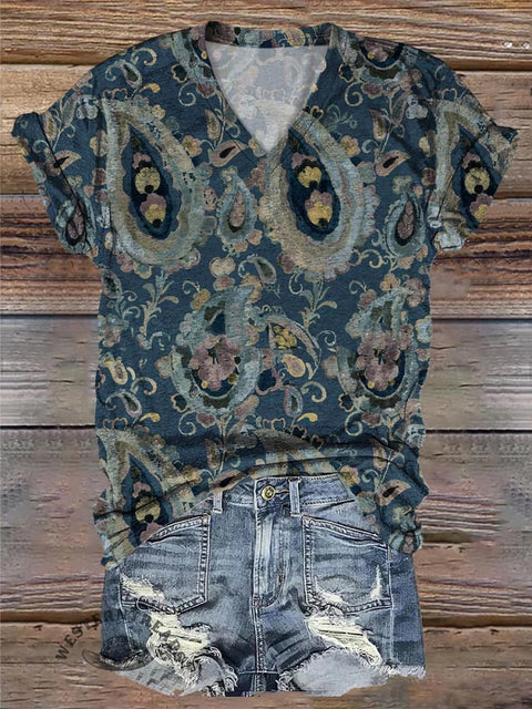 Retro Pattern Print Comfortable V Neck T-Shirt
