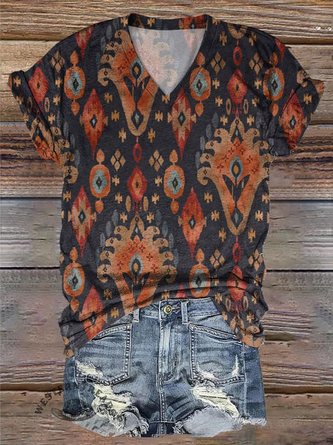 Retro Ethnic Pattern Print Comfortable V Neck T-Shirt