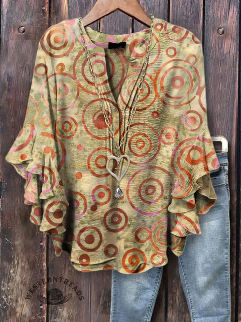 Women's Retro Beige Spotted Print Ruffle Sleeve Top
