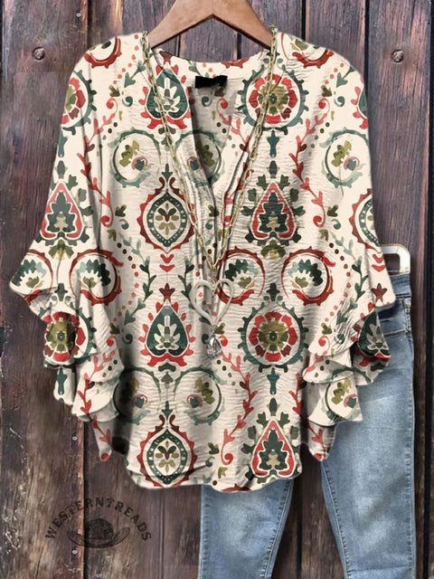 Women's Retro Beige Floral Print Ruffle Sleeve Top