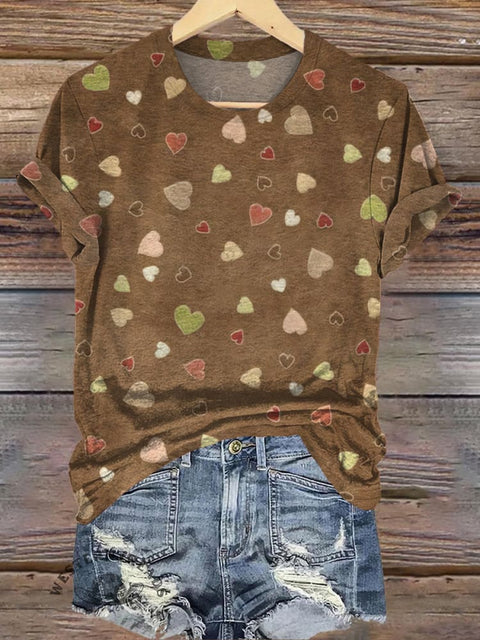Brown Simple Heart Print Comfortable T-shirt