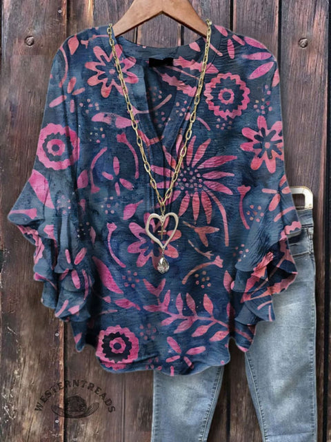 Women's Retro Floral Print Ruffle Sleeve Top