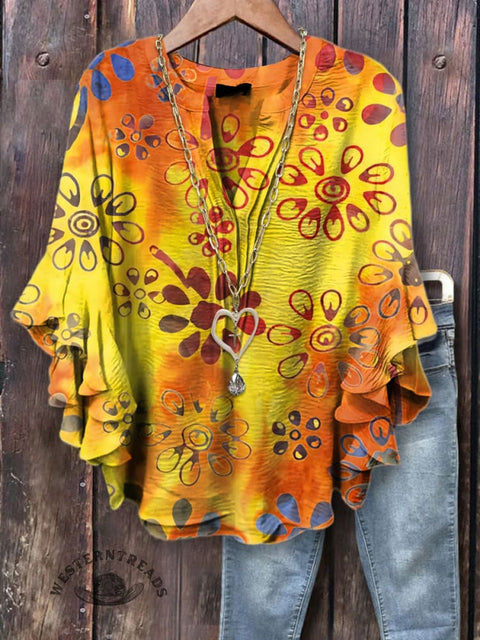 Women's Bright Floral Simple Print Ruffle Sleeve Top
