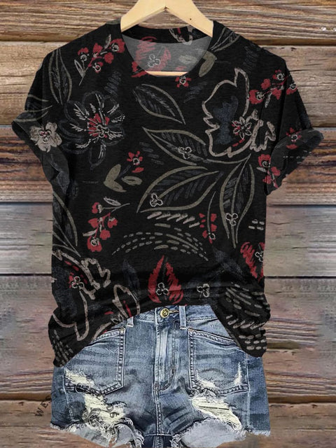 Dark Floral Print Casual T-Shirt