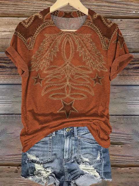 Cowboy Boot Stitch Print Casual T-shirt