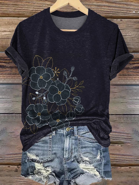 Dark Simple Floral Textured Print Casual T-shirt