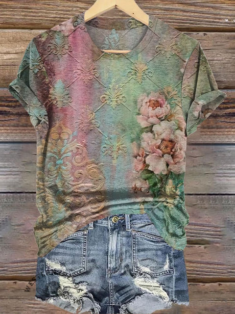 Retro Floral Textured Print Comfort T-Shirt