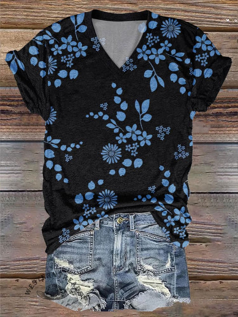 Simple Blue Floral Print Comfortable V-Neck T-Shirt