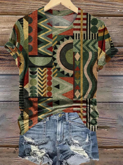 Retro Geometric Stripe Print Casual T-Shirt