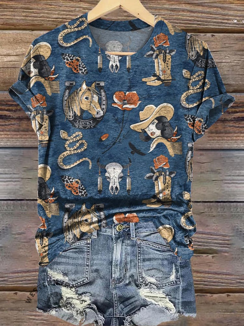 Retro Western Cowboy Tattoo Print Casual T-shirt