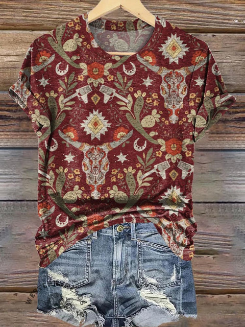 Retro Western Cow Floral Print Casual T-shirt