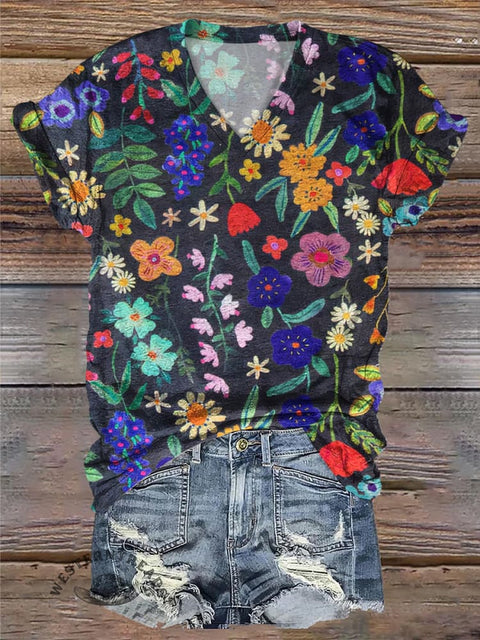 Retro Bright Floral Print Casual V-neck T-shirt