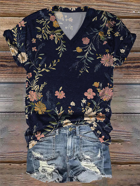 Retro Blue Floral Elegant Print Casual V-Neck T-Shirt