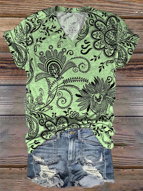 Green Pattern Printed Casual V-Neck T-Shirt