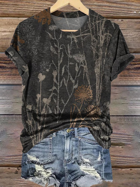 Retro Plant Print Casual T-shirt