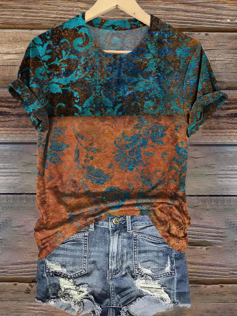 Retro Colorblock Textured Printed Casual T-shirt