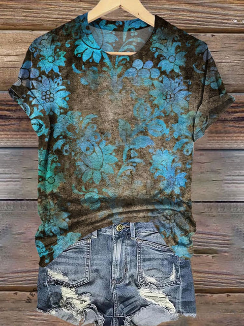 Retro Floral Texture Pattern Printed Casual T-Shirt