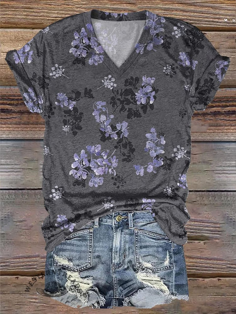 Simple Floral Pattern Printed Casual V Neck T-shirt