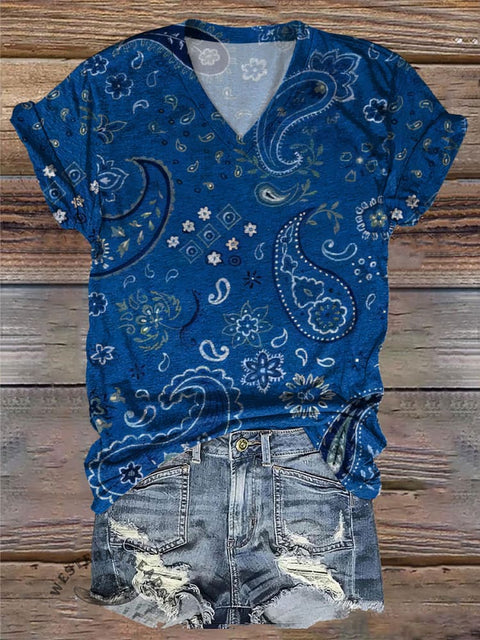 Simple Boho Graphic Print Casual V Neck T-shirt
