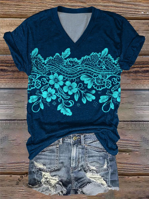 Simple Lace Flower Printed Casual V-Neck T-Shirt