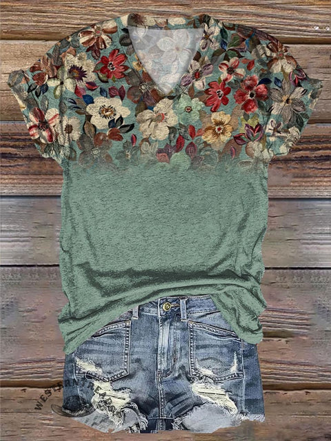 Simple Blossom Printed Casual V-Neck T-Shirt