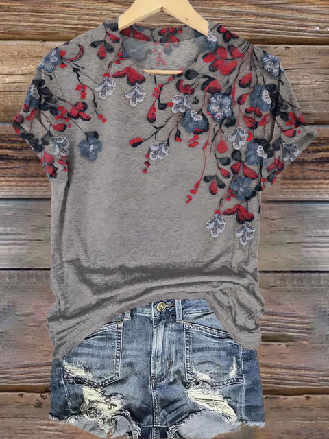 Classical Simple Floral Pattern Printed Casual T-shirt