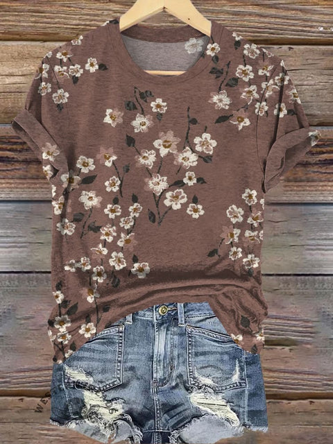 Classic Cinnamon Floral Pattern Casual T-Shirt
