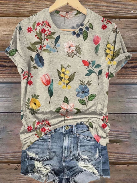 Elegant Flower Pattern Printed Casual T-Shirt