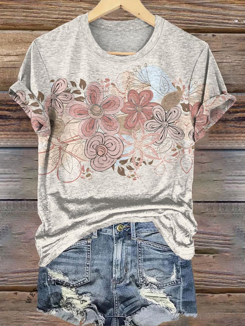 Simple Flower Graffiti Printed Casual T-Shirt