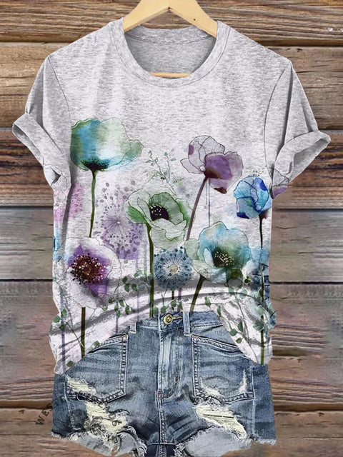 Simple Watercolor Flower Printed Casual T-Shirt