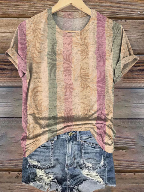 Retro Stripe Pattern Printed Casual T-Shirt