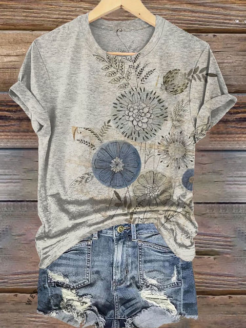 Retro Floral Simple Print Casual T-Shirt