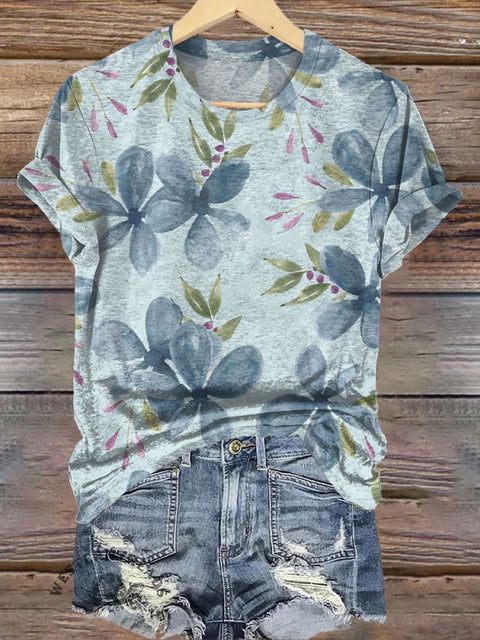Watercolor Flower Simple Print Casual T-Shirt